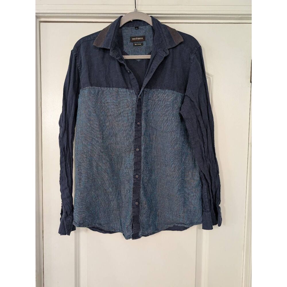 Ikkebana Linen Button Up Shirt‎ men's Large blue textured lightweight coastal